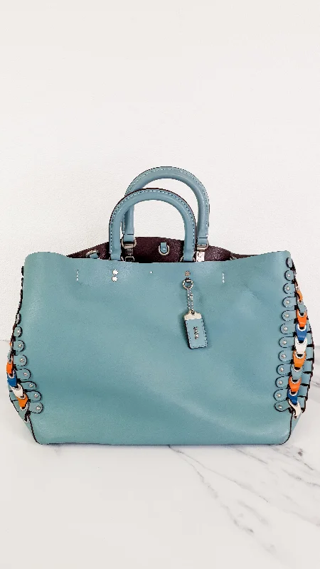 Coach 1941 Rogue Tote Bag With Links in Steel Blue Smooth Leather Handbag Shoulder Bag - Coach 86809