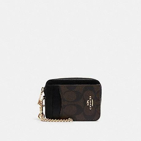 Coach Zip Card Case In Signature Walnut Black